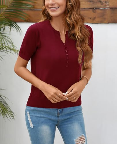 Image of Women Summer Knit Shirt Blouse V Neck Short Sleeve Pullover Sweater Tops