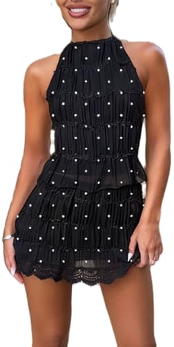 Image of Yiulangde Y2k Mini Skirt Sets for Women Beach Vacation Lace Skirt and Backless Halter Tie Crop Tops Going Out 2 Piece Outfits