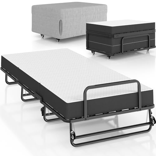 Brinlawb Gästebett Klappbar 90x200 cm mit 10cm Dicker Matratze Klappbett 90x200 Erwachsene Stabiler Bettrahmen aus Metall mit 4 360° drehbare Räder, Vielseitiger 2-in-1-Einsatz, Einzelbett oder Sofa