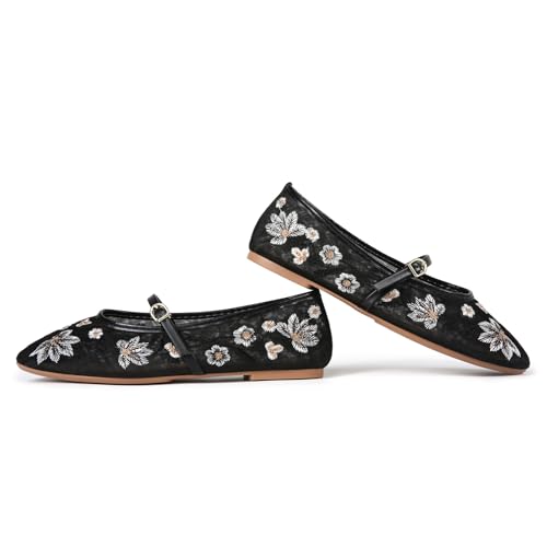 Image of MRKEWUNEY Mesh Ballet Flats for Women Embroidered Floral Round Toe Mary Jane