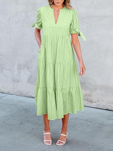 Image of Theenkoln Womens Casual Midi Dress: Short Sleeve V-Neck Empire Waist Gingham Spring Fashion Long Trendy Tiered Formal Dresses