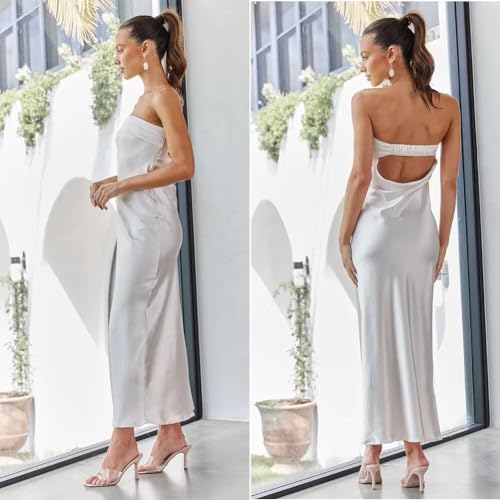 Image of Womens Strapless Satin Maxi Dress Backless Tube Dress | Strapless satin maxi dress with elastic back folded bust backless cut smooth drape and slim tube fit for events