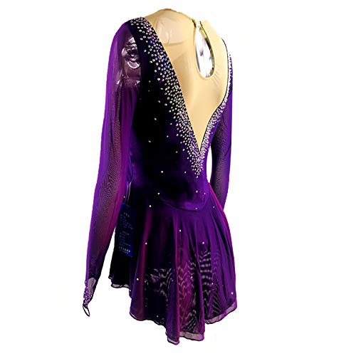 LIUHUO Mädchen Eiskunstlaufkleid Stretch Mesh Diamant Haken Ärmel in Vier Farben, Violett, M