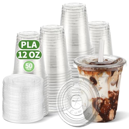 CCWOFF 12 OZ Compostable Clear Plastic Disposable Iced Coffee Cups