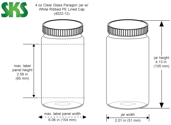 4 oz Clear Glass Paragon Jars w/Lined White Ribbed Plastic Caps