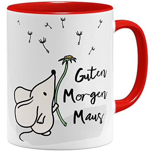 OM3® Guten Morgen Maus Tasse mit Spruch Statement - Keramik Becher - 325ml - Beidseitig Bedruckt - Rot