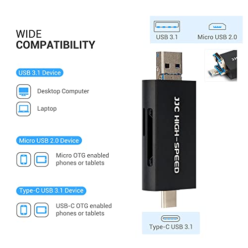 JJC Lector de Tarjetas SD de Metal, USB 3.1 Micro USB 2.0 Tipo-C 3.1 Lector de Tarjetas Adaptador USB OTG para Tarjetas de Memoria UHS-II UHS-I SD SDHC SDXC Micro SD Micro SDHC Micro SDXC (Negro)