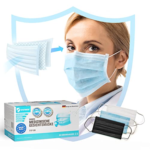 Virshields® Medizinischer Mundschutz - Typ IIR, BFE 99,98% / VFE 99,6%, DIN EN 14683, Made in EU, 50 Stück, 3-lagig - OP Masken, Mund und Nasenschutz, Einweg Gesichtsmaske, Einwegmasken, Schutzmasken Cover