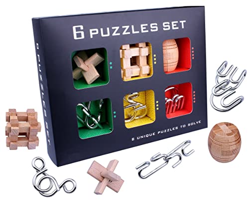 Chonor 6er Set 3D Holz Denkaufgabe Metallpuzzle Metalldraht Puzzle, Holzspielzeug Knobelspiel Geduldspiel Intelligenz Pädagigisches Gehirntraining Spielzeug Logikspiel Geschenk für Kinder Erwachsene