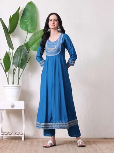 Image of Amazon Brand - Tavasya Women Rayon Straight Kurta Pant Dupatta Set | Embroidered Ethnic Suit Set | Regular Fit Kurta with Pant & Dupatta