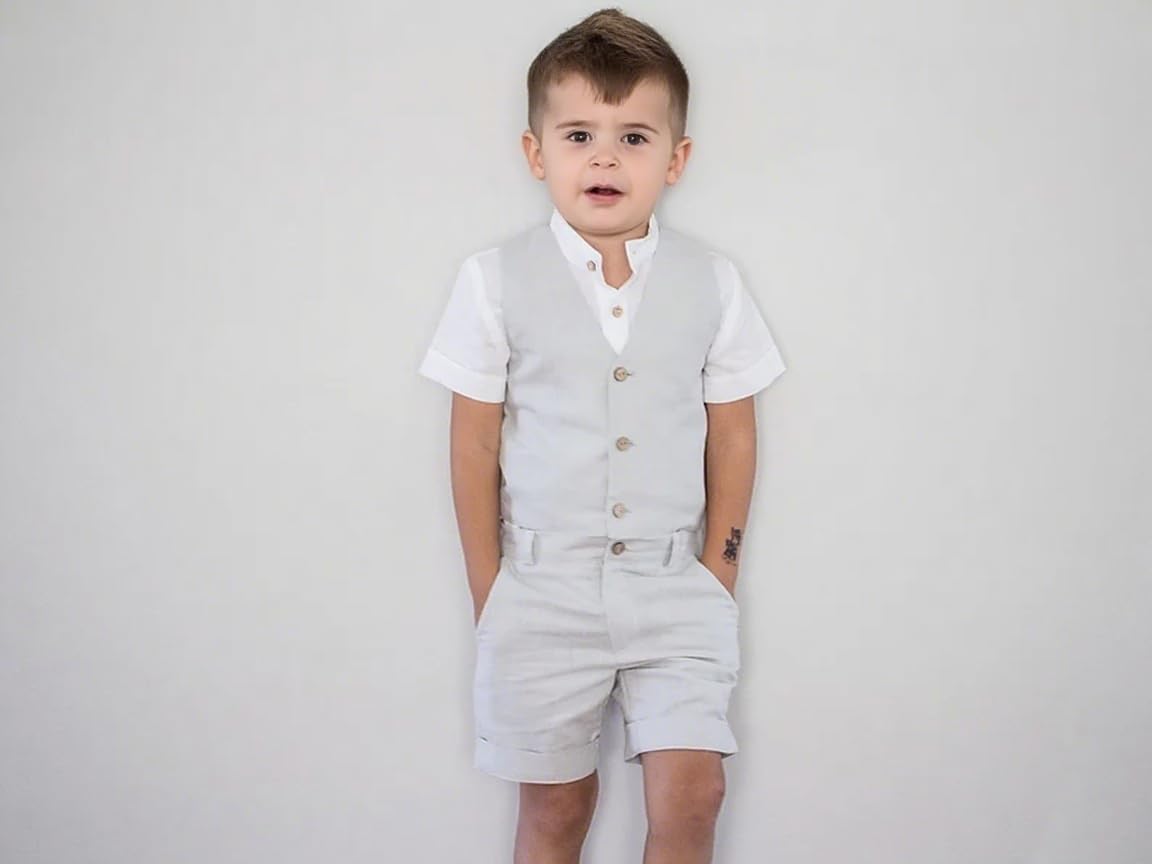 Traje de lino para niños, 2 piezas, traje de esmoquin casual de verano, ajustado, para boda, graduación, chaleco y pantalones cortos