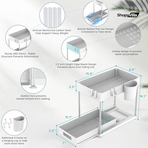 Image of Under Sink Organizers and Storage, Kitchen Bathroom Sink Organizer with Hooks, 2 Tier Under Sink Cabinet Basket Storage Shelf with Sliding Drawers (1, White)