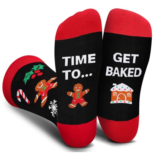 AGRIMONY Funny Christmas Socks for Men Women Teens Boys -TIME TO GET BAKED Gingerbread Man Holiday Novelty Fun Crew Funky Cute Crazy Silly Socks-Secret Santa Xmas Christmas Gifts Stocking Stuffers-XL