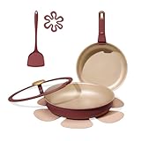 CAROTE Titanium Reinforced Nonstick Frying Pans Skillets 2 piece Set with Lids, Non-Stick Fry Pan Egg Pan with Detachable Handle, PFOS, PFOA Free, Induction Compatible(10-inch & 12-inch), Burgundy