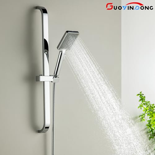 Barra deslizante para ducha manual, altura ajustable 25.5 pulgadas | Juego de ducha manual con barra deslizante, cabezal de ducha de alta presión y manguera de 59 pulgadas, cromado miniatura 2