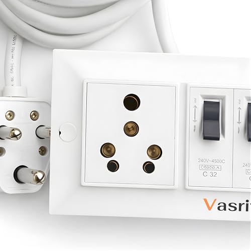 Image of Heavy Duty 16A Extension Board with Dual 16A MCB Switch | 1.5 sqmm 3 Core Cable | Power Strip for AC, Refrigerator & Microwave | Two 16 Amp Sockets (White) (3 Meter)