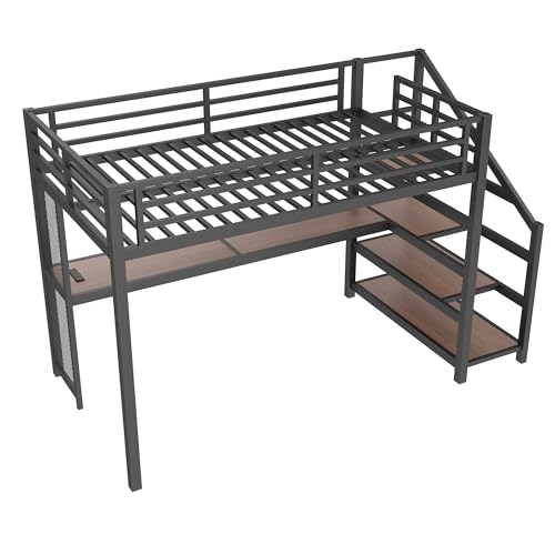 Image of Bellemave Twin XL loft Bed with Desk and Storage Stairs, Shelves, Metal Twin XL Loft Beds with LED Lights, USB Ports, Multifunctional Iron Nets for Adults, Kids, Teens, Black