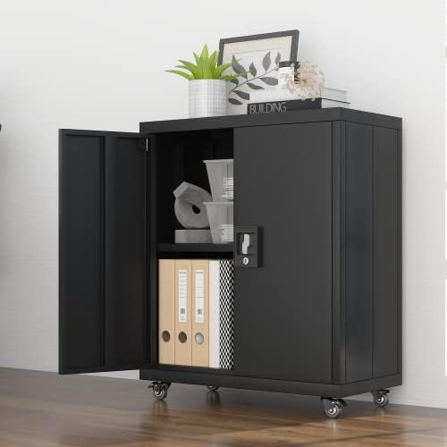 GREATMEET Metal Cabinet with Lock and Wheels, Mobile Metal Storage Cabinet with 1 Adjustable Shelf, Lockable Steel Storage Cabinet with Wheels,Office Cabinet for Office,Home,Black