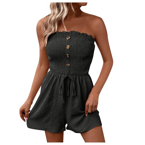 Women's Summer Romper Off Shoulder 1 Piece Shorts Casual Strapless Jumpsuit Playsuits Beach Summer Tube Overall Outfit Sexy Shorts Romper Jumpsuits Elastic Waist Short Bandeau Romper for (Grey, S)