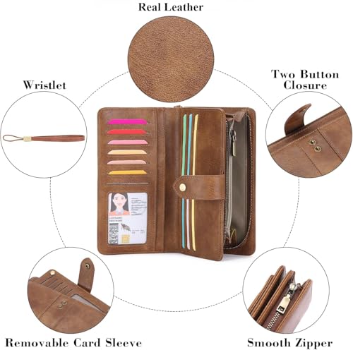 Large Capacity Genuine Leather Wallet for Women RFID Blocking Bifold with Zipper Coin Pocket (Brown)4