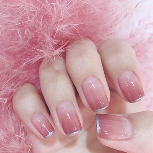 Fdesigner Gorgeous False Nail Art Acceseories Pink Fake Nails Silver Edge Acrylic Nails Square Press on Nail Artificial Full Cover Nail Tips for Wedding Party Date Festival
