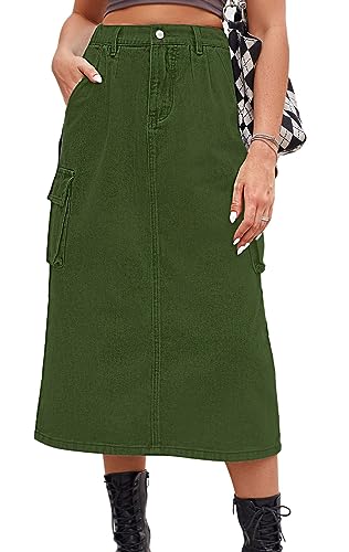 CHARTOU Women Casual High Waisted Denim Skirt Midi Jean Skirt Elastic Back A Line Skirt with Pockets