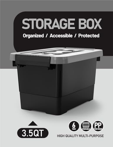 WYT Plastic Storage Bins with Lids and Latch, 6-Pack Small Stackable Plastic Organizing Box with Buckle and Handle, 3.5 Quart Durable Nestable Totes Containers (Black/Grey) - Image 5