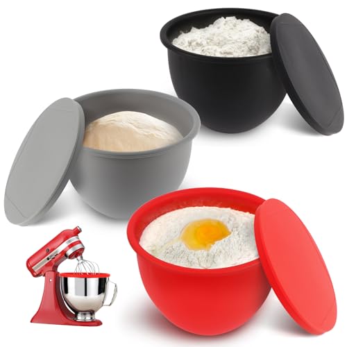 5QT Silicone Mixing Bowls with Lids (3 pack) Compatible with 5QT KitchenAid Mixer Shatterproof leak-proof design Non-slip base Easy-to-clean food storage bowls Food-grade silicone