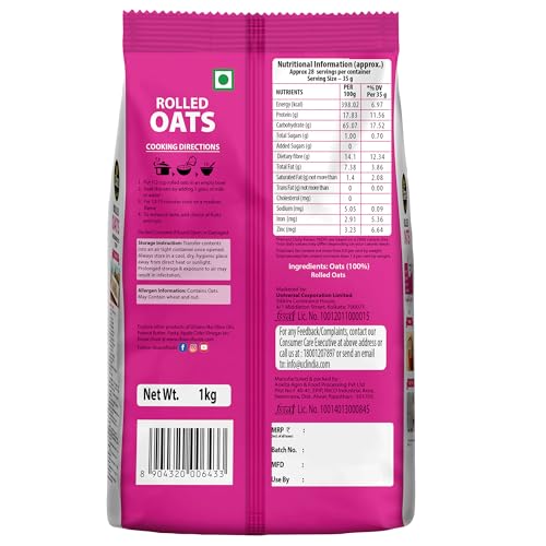 Image of DiSano Rolled Oats (Jumbo) 1kg, High Fibre Breakfast, Wholegrain, For Weight Management, Preservative Free, Source of Protein