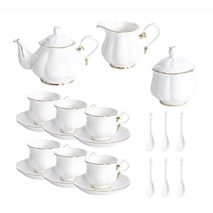 21 Pieces Porcelain Tea Sets with Teapot Set of 6 Coffee Cups and Saucers with Spoons Ceramic Tea Service for Women Adults