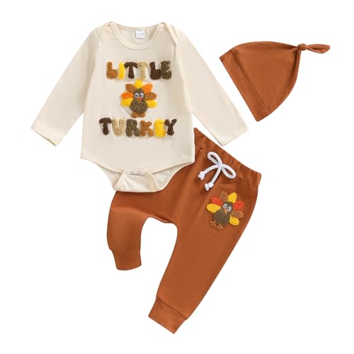 Engofs My First Thanksgiving Baby Boy Outfit Long Sleeve Turkey Letter Print Romper Pants Set with Hat Khaki 0-3 Months