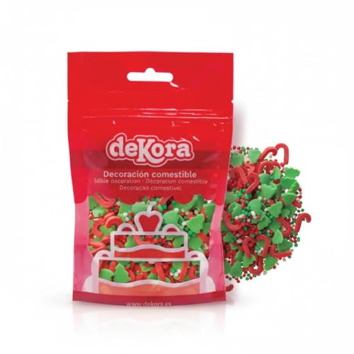 dekora – Sprinkles de Navidad 100g, confeti de azúcar comestible en blíster, decoraciones dulces en forma de estrellas, copos de nieve y árboles para postres, tartas, galletas y cupcakes