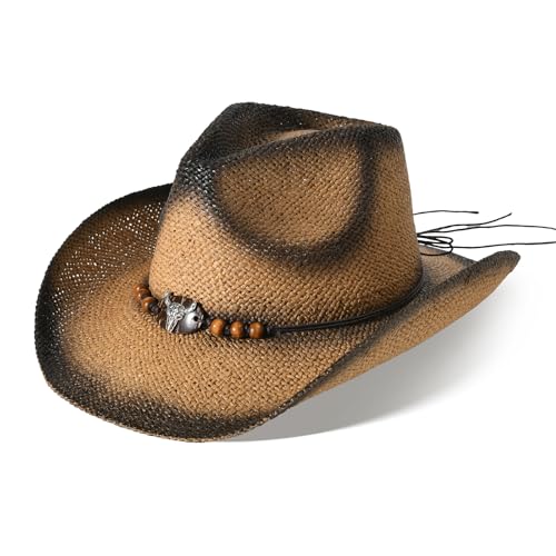 Image of Cowboy Hats for Women & Men Straw Cowboy Hat Wide Brim Western Cowgirl Hats Summer Sun Hat