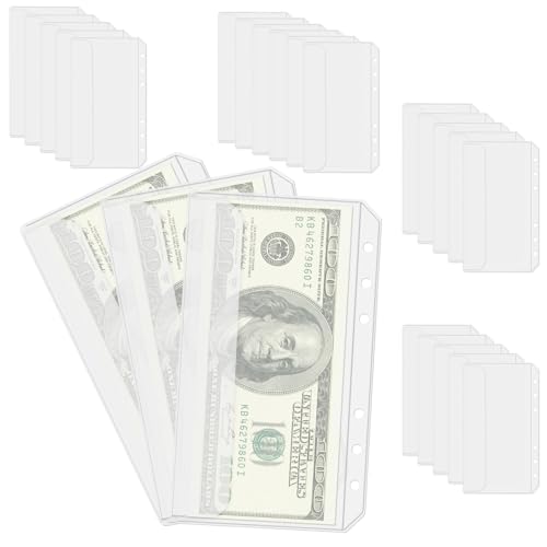 JOYVANTAGE A6 Binder Pockets for 6 Ring Binder, 24pcs Clear Cash Envelopes for Budgeting, Side Loading High Capacity Money Organizer