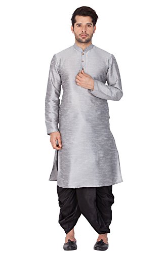 Image of Vastramay Men's Brown Silk Blend Kurta and Gold Dhoti Pant Set - Traditional Ethnic Wear for Weddings, Festivals & Celebrations