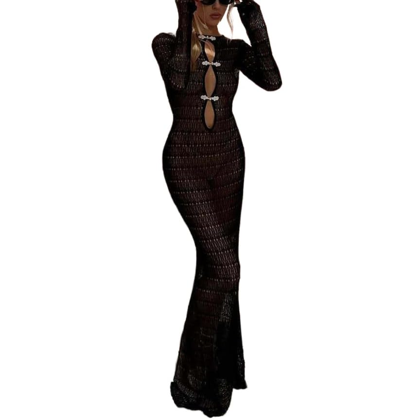 Donne a Maglia Sexy Hollow out Split Crochet Coprire Bodycon Vestito Spiaggia Vacanza,Nero,S