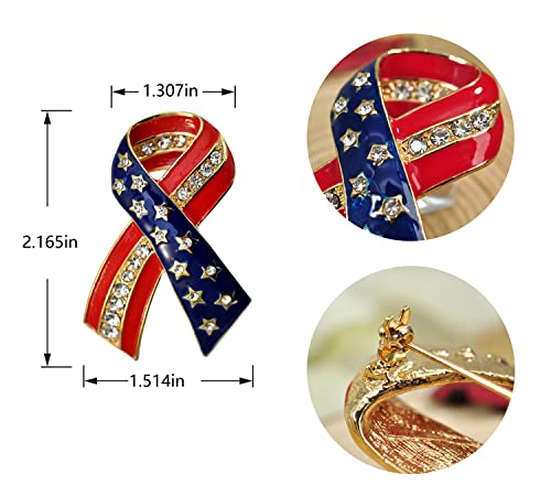 Image of Gyn&Joy Gold Tone Clear Crystal Rhinestones America USA Flag Star Ribbon Patriotic Pin Brooch