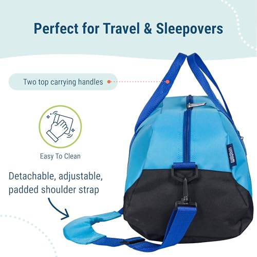 Image of Wildkin Kids Overnighter Duffel Bag - Carry-On Travel Bag for School & Sleepovers, Lightweight, Durable, Boys & Girls Ages 4-15 - Sky Blue