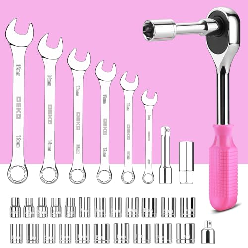 Image of DEKOPRO Tool Set: 228 Piece Home Tool Kit, Household Basic Repair Tool Set Comes with Storage ToolBox, Socket Wrench Set for Car, Hand Tool Box Set for Home - Pink