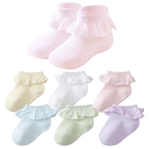 Image of Mini angel Baby Girls Socks Eyelet Ruffle Lace Frilly Dress Socks for Newborn Infant Toddler 3/6 Pairs