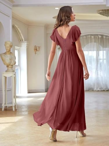 Women's V Neck Chiffon Bridesmaid Dresses with Flutter Sleeves High Slit Pleated Formal Dress with Pockets DK0022