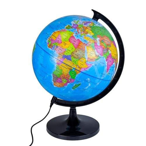 Raylu Paper Globo Terráqueo Azul de 30cm con Luz y Cable USB, Bola del Mundo Iluminada Giratoria en Español con Cartografía y Meridiano, Esfera del Mundo para Aprendizaje y Decorativo (Azul, 30cm)