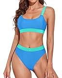 Tempt Me Women Blue Green Two Piece High Waisted Bikini Swimsuits with Bottoms Teen Scoop Neck Sport Bathing Suits S