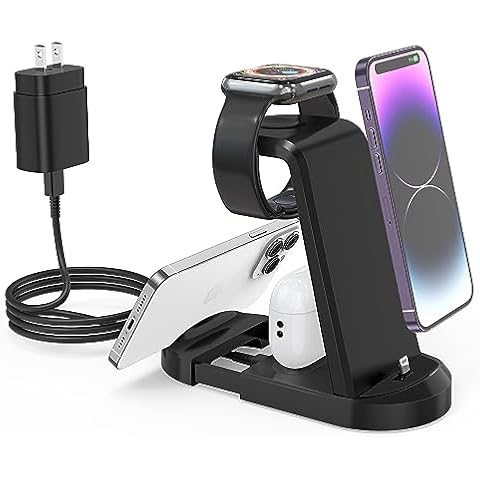3 in 1 Charging Station, 25W Fast Charger Station Stand for iPhone 14/13/12/11/Pro/Max and Apple Watch,Charging Stand Dock for AirPods,Charger Multiple Devices with 25w Adapter & 60w C to C Cable Cover