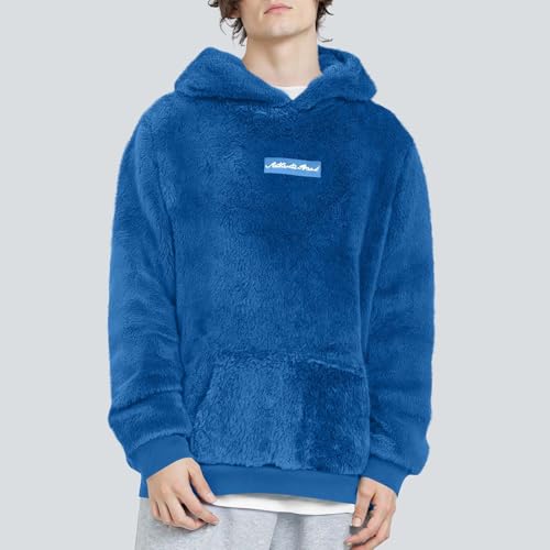 Fuzzy Fleece Hoodie Men Long Sleeve Sport Casual Pullover Loose Solid Color Fall Winter Hooded Sweatshirt With Pocket2