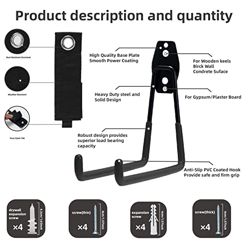 Mhho-Wg 4 Pack Garage Hooks Wall Mount Storage Hooks With 2 Extension Cord Storage Straps, Heavy-Duty 7.5 Inch Long Hangers For Utility Organizers-Black #TOP1
