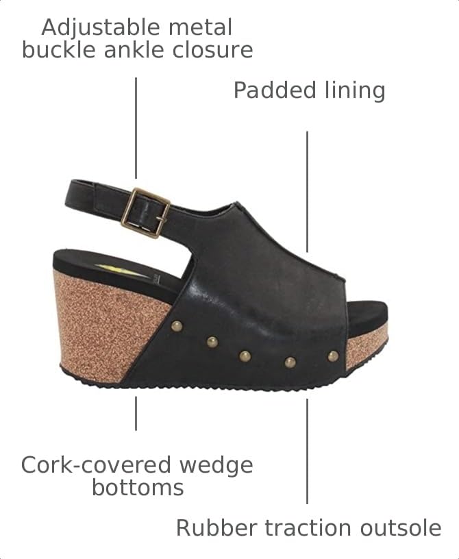 Image of Volatile Division Wedge Sandals for Women Featuring Cork Covered Bottom with EVA Insole and Rubber Outsole