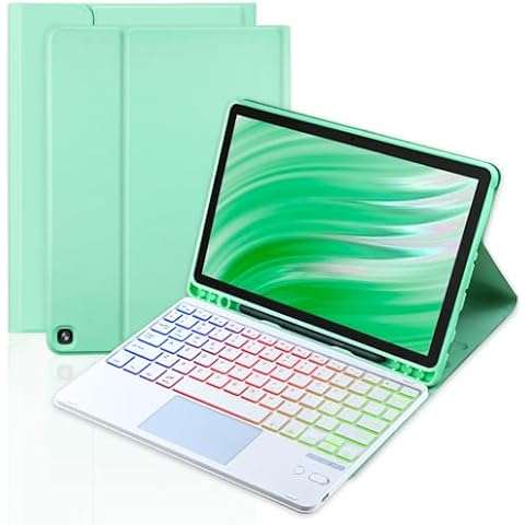 MePadKey Trackpad Keyboard Case for Amazon Fire HD 10/10 Plus 10.1 inch,7-Color Backlight Rechargeable Keyboard with Kids Multi-Angle Cover for Tablet (Mint Green+White) Cover
