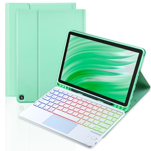 MePadKey Trackpad Keyboard Case for Amazon Fire HD 10/10 Plus 10.1 inch,7-Color Backlight Rechargeable Keyboard with Kids Multi-Angle Cover for Tablet (Mint Green+White)