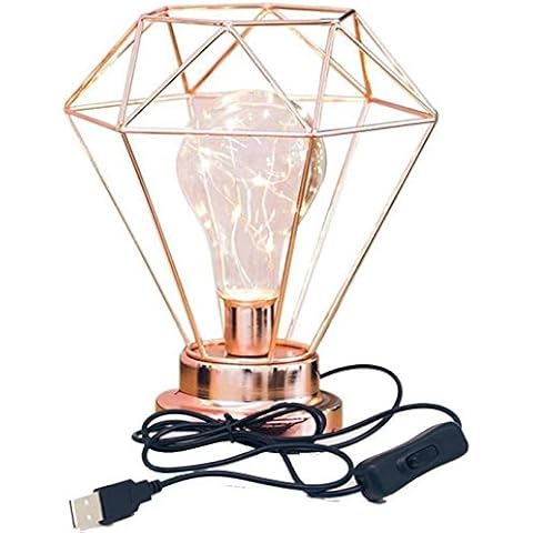 Diamond Iron Table Lamp, Nordic Style Iron Wire Table Lamp Bulb Bedside Table Lamp USB Cover